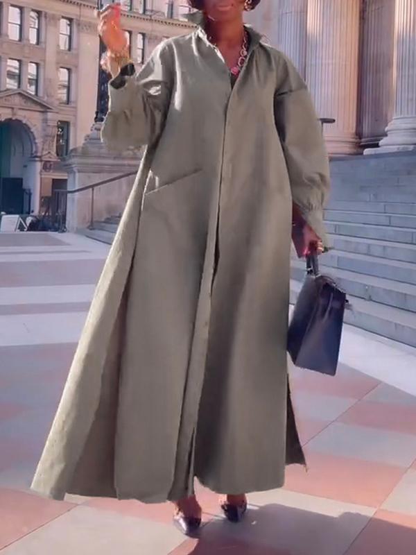 Long Sleeves Loose Solid Color Split-Joint Split-Side Lapel Maxi Dresses Shirt Dress Product Image