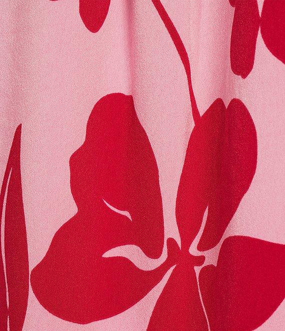 Investments Woven Bold Tropical Palm 3/4 Sleeve Point Collar Button Front Split Cuff Top Product Image