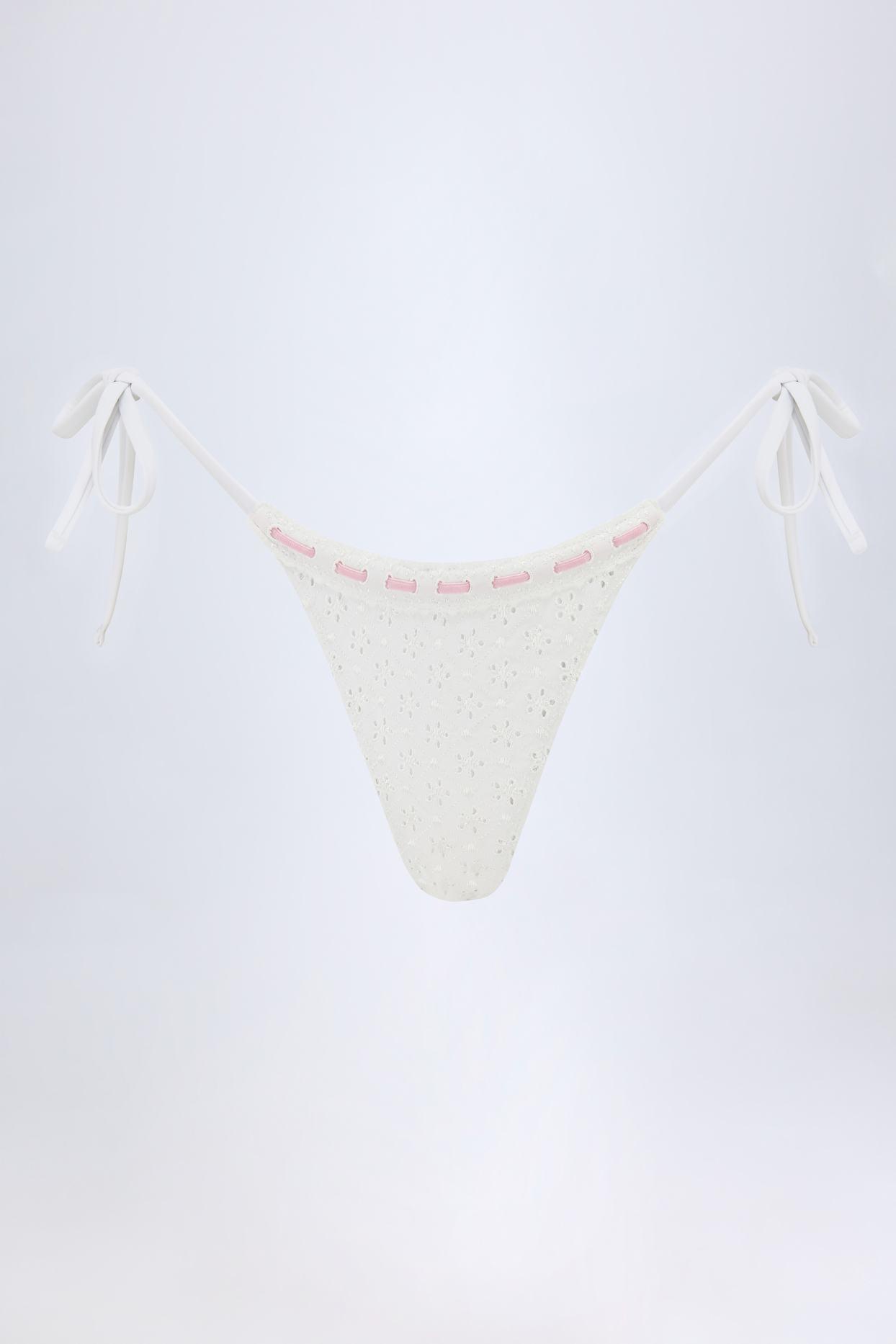 Broderie Anglaise Side-Tie Thong Bikini Bottoms in White Product Image