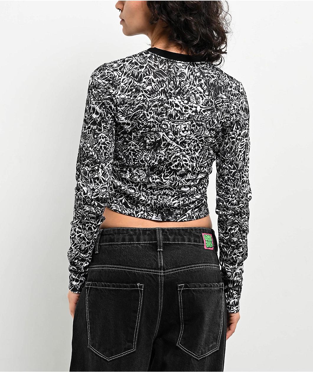 Lurking Class By Sketchy Tank x Stikker Madness Black & White Thermal Long Sleeve Crop T-Shirt Product Image