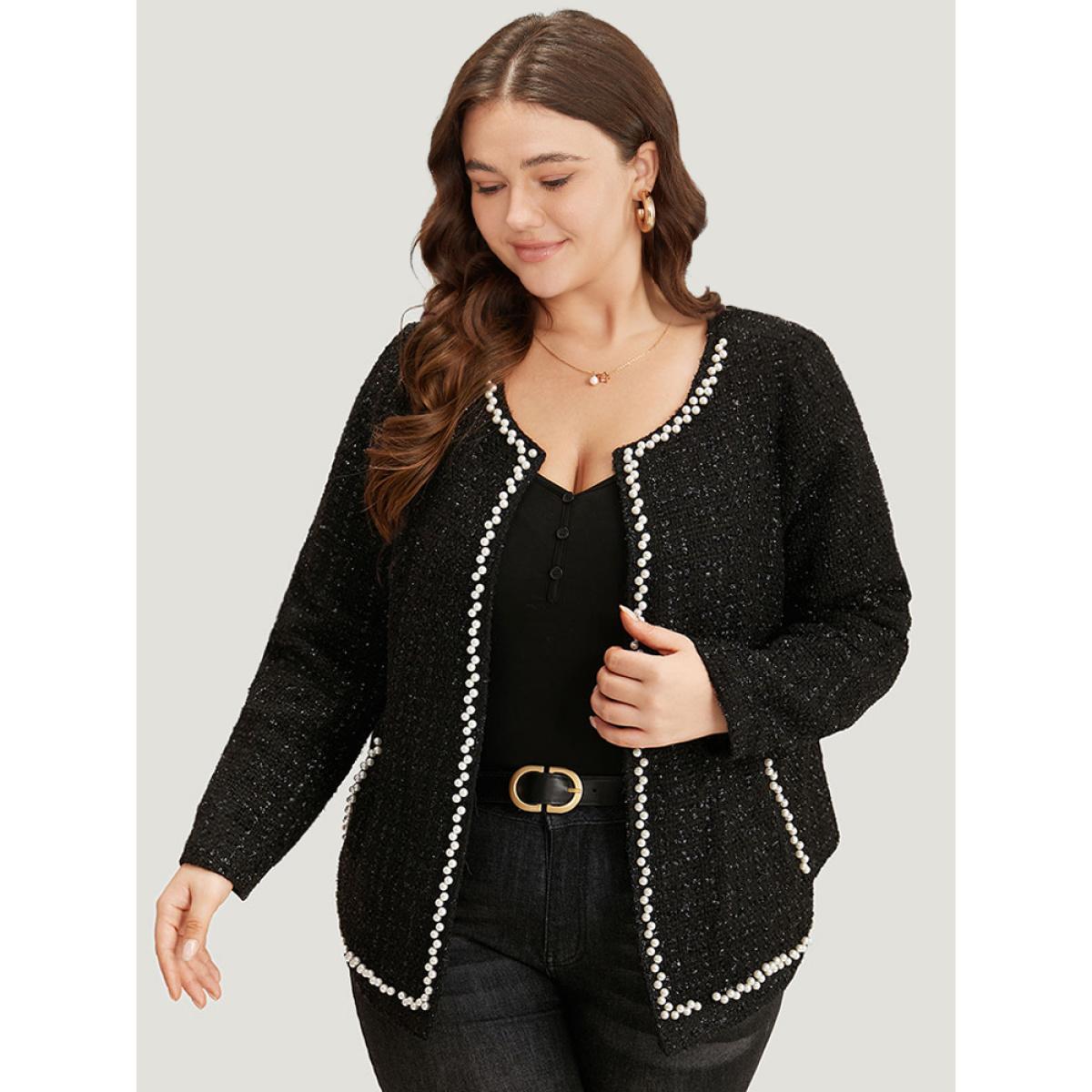 Plus Size Pearl Tweed Beaded Texture Pocket Blazer Women Black Elegant Texture Ladies Dailywear Winter Coats BloomChic 30/6X Product Image