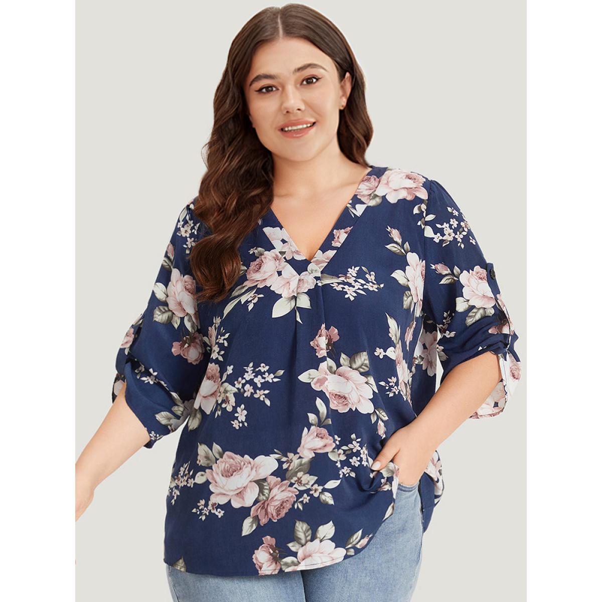 Plus Size Indigo Floral Print V Neck Plicated Detail Tab Sleeve Blouse Women Elegant Half Sleeve V-neck Dailywear Blouses BloomChic 10/M Product Image