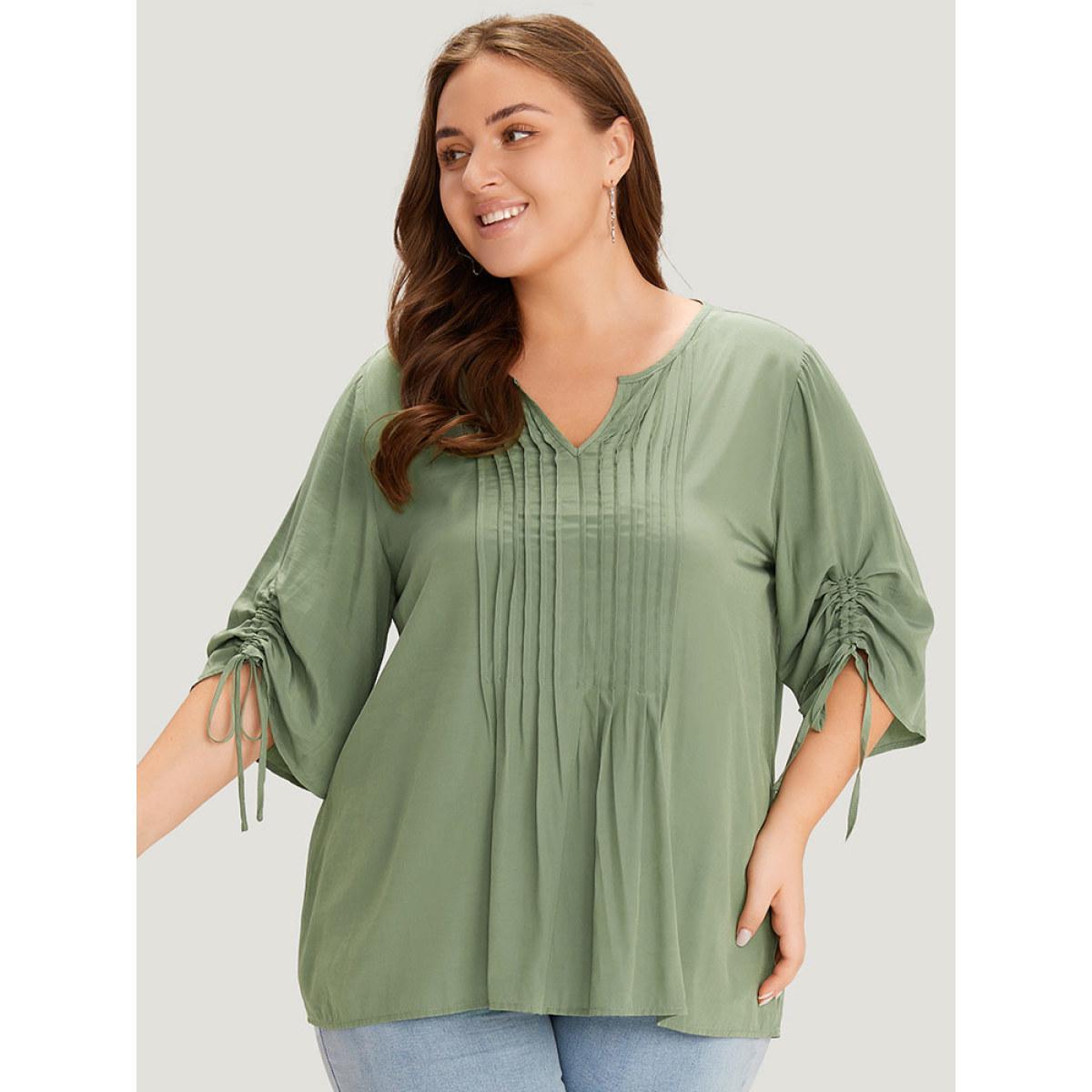 Plus Size Mint Supersoft Essentials Plain Notched Pleated Drawstring Blouse Women Office Half Sleeve Notched collar Work Blouses BloomChic 14-16/1X Product Image