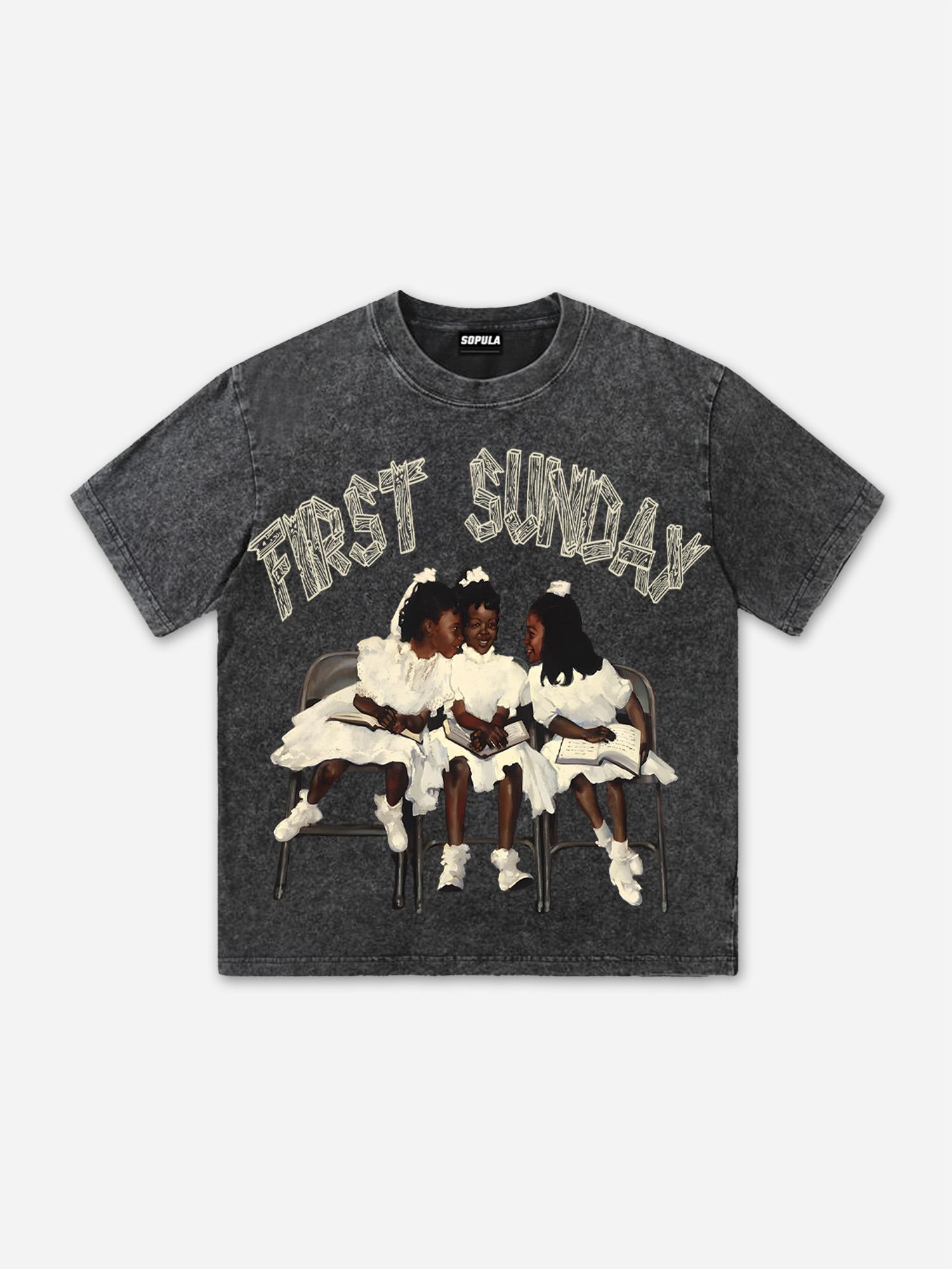 First Sunday Retro Graphic Print Acid Washed T-Shirt Product Image
