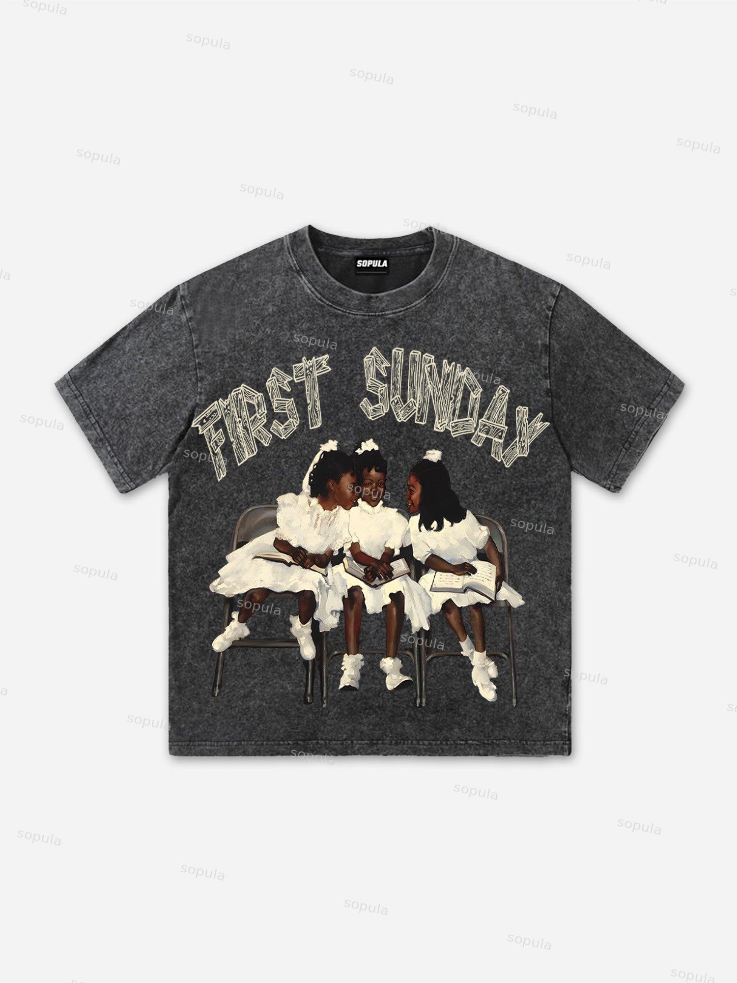 First Sunday Retro Graphic Print Acid Washed T-Shirt Product Image
