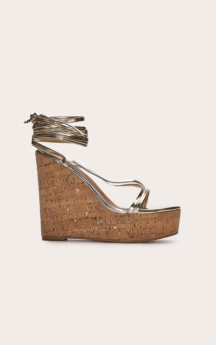 Gold Wide Fit Pu Strappy Lace Up High Heel Cork Wedges Product Image