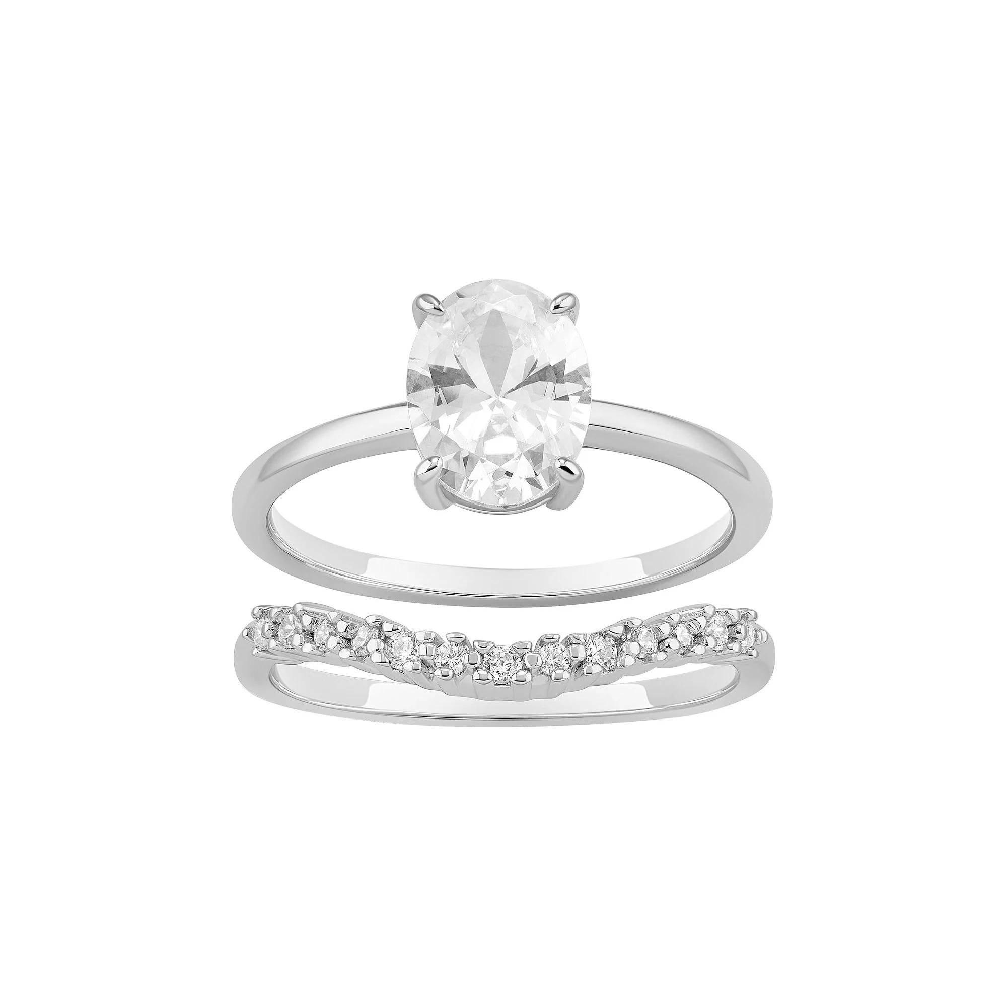 PRIMROSE Sterling Silver Cubic Zirconia Band Ring Duo Set, Women's, Size: 9, Sterling Clear Product Image