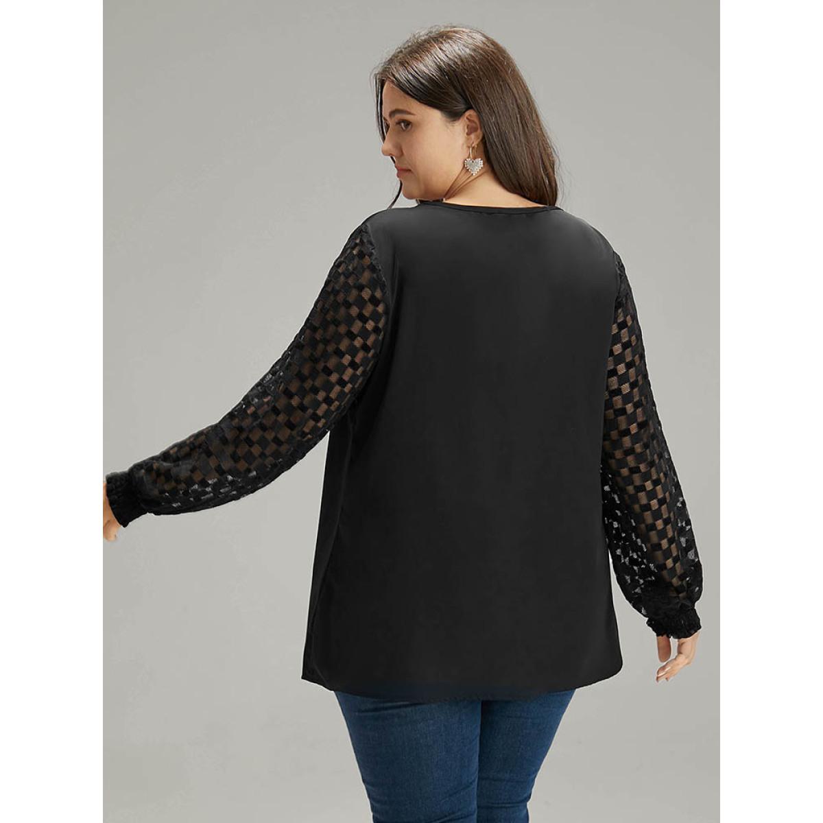 Plus Size Black Lace Panel V Neck Shirred Mesh Blouse Women Glamour Long Sleeve V-neck Going out Blouses BloomChic 30/6X Product Image