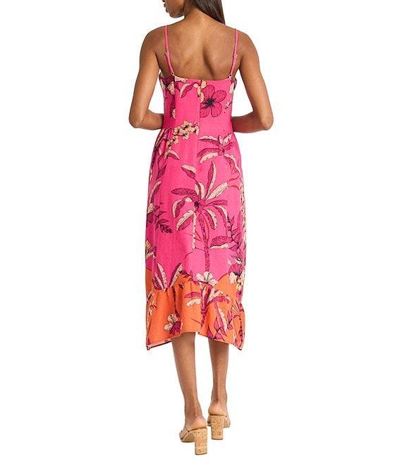 Donna Morgan V-neck Sleeveless Asymmetrical Hem Tropical Print Linen Blend Midi Dress Product Image
