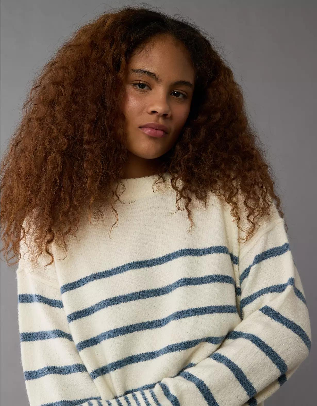AE Whoa So Soft Striped Crew Neck Sweater Product Image