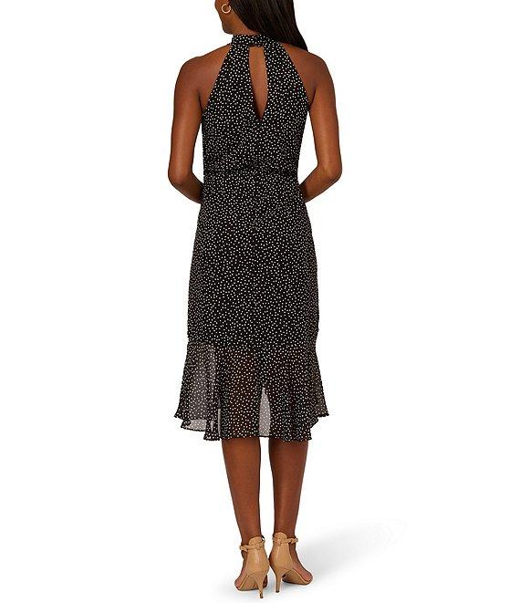 Adrianna Papell Shirred Dotted Chiffon Halter Neck Sleeveless Ruffle A-Lined Midi Dress Product Image