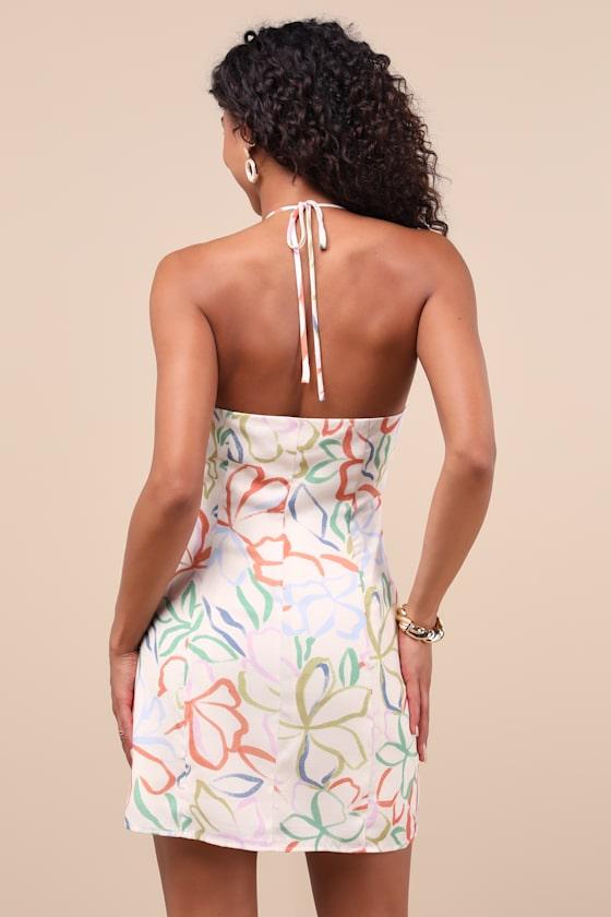 Cloelia Ivory Abstract Floral Button-Front Halter Mini Dress Product Image