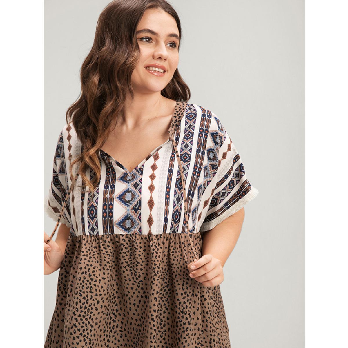 Plus Size DarkBrown Leopard Geometric Contrast Elastic Waist Ties Neck Blouse Women Vacation Short sleeve V-neck Dailywear Blouses BloomChic 10/M Product Image