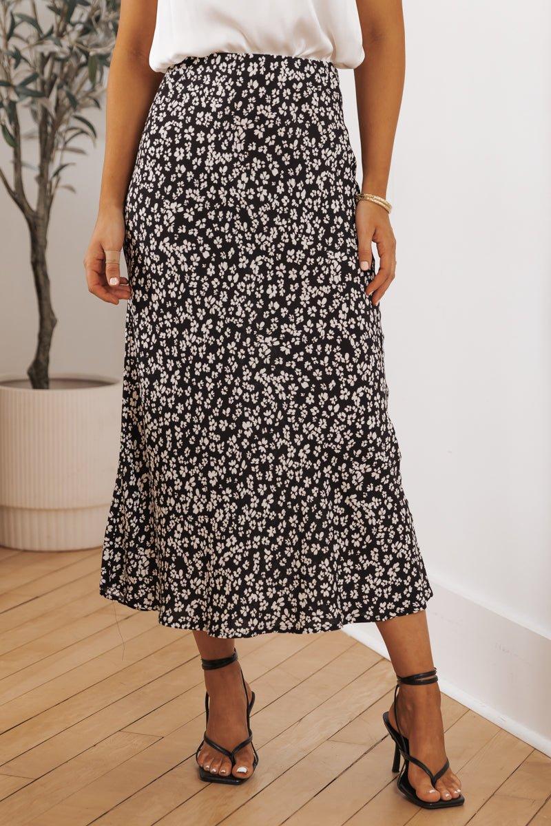 Black Floral Print Midi Skirt Product Image