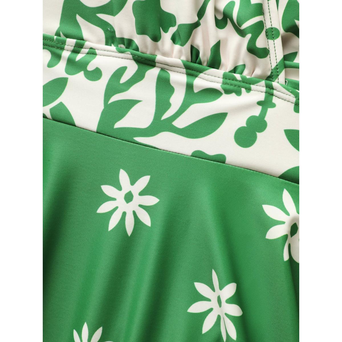 Plus Size Boho Print Overlap Collar Gathered Swim Dress Women's Swimwear Truegreen Beach Bodycon Overlap Collar High stretch Curve Swim Dresses BloomChic 12/L Product Image