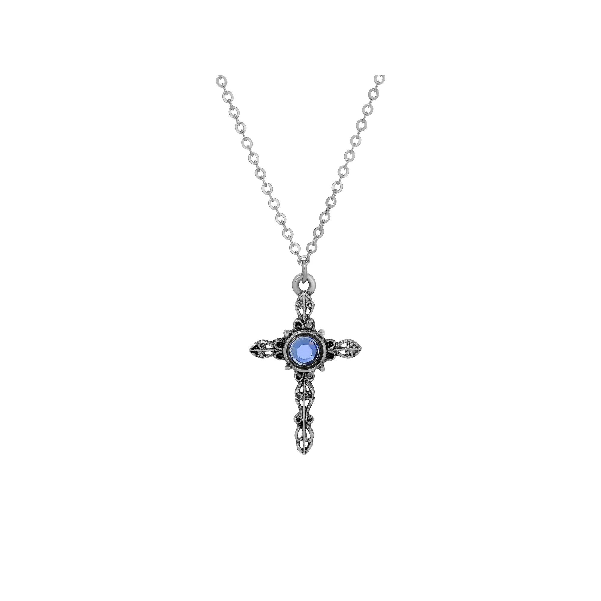 Symbols of Faith Silver Tone Cross With Center Blue Crystal Necklace 18, Womens Product Image