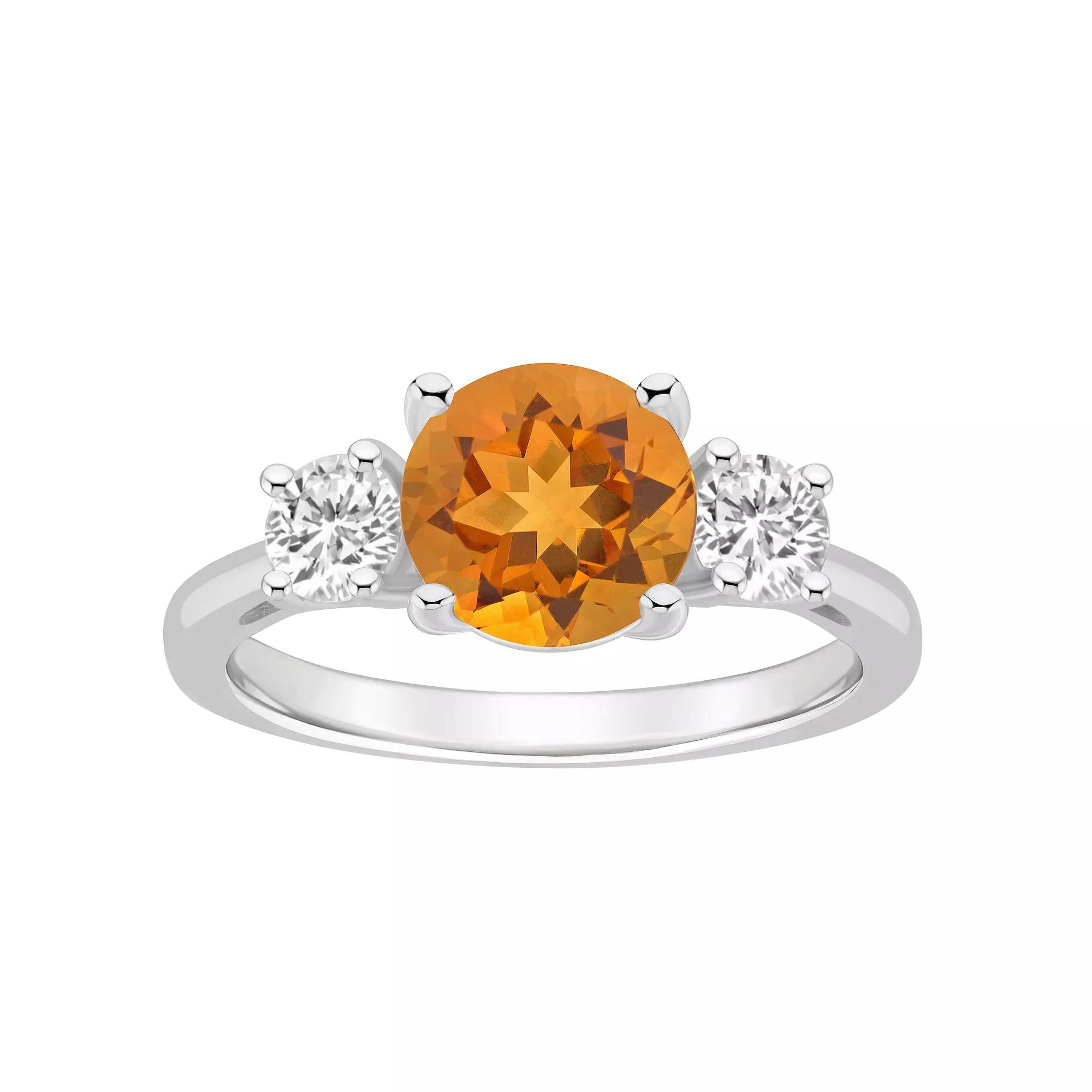 Alyson Layne Sterling Silver 8 mm Round Gemstone & White Topaz Three-Stone Ring, Women's, Size: 10, Citrine Product Image