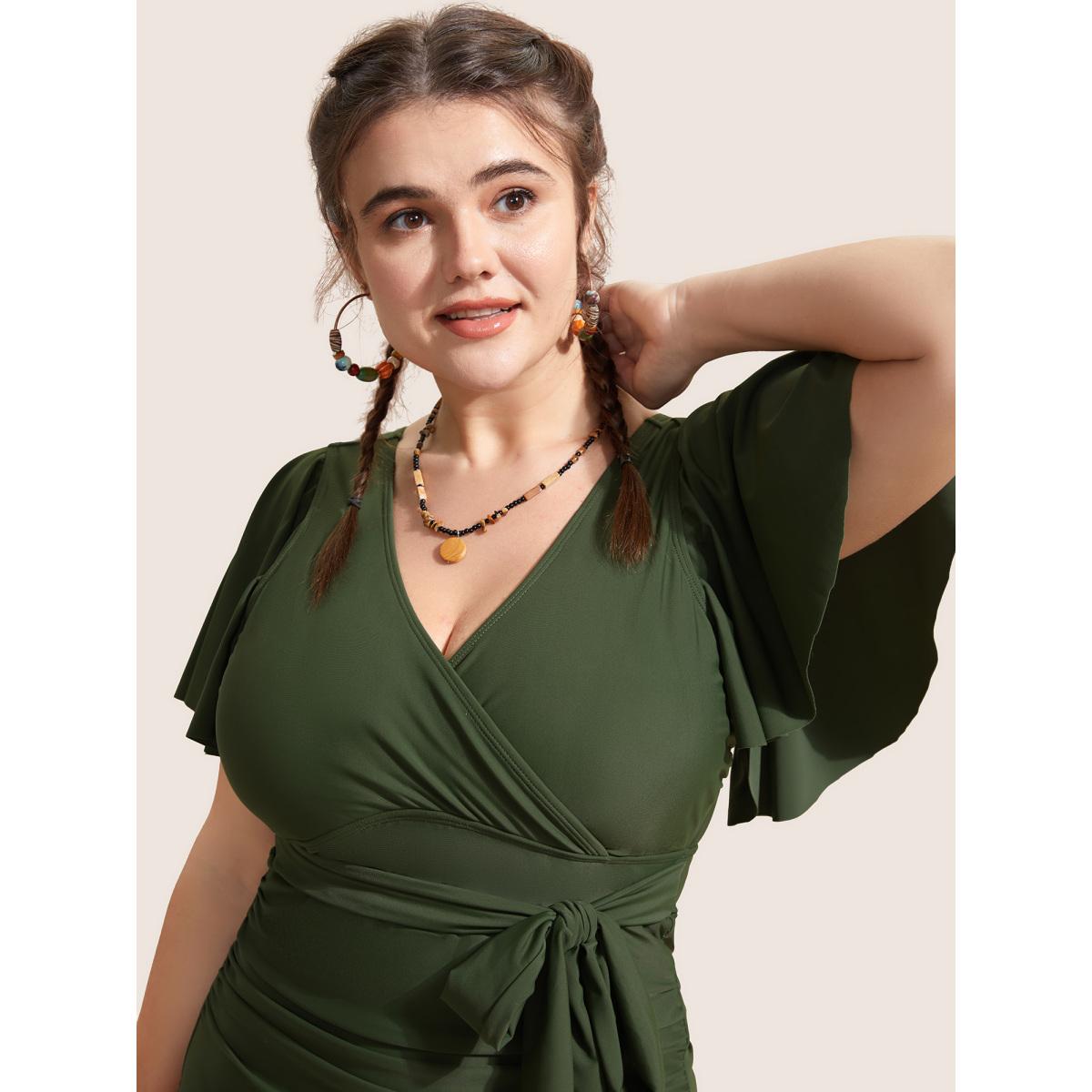 Plus Size Solid Overlap Collar Ruffle Sleeve One Piece Swimsuit Women's Swimwear ArmyGreen Beach Ruffles Curve Bathing Suits High stretch One Pieces BloomChic 14-16/1X Product Image