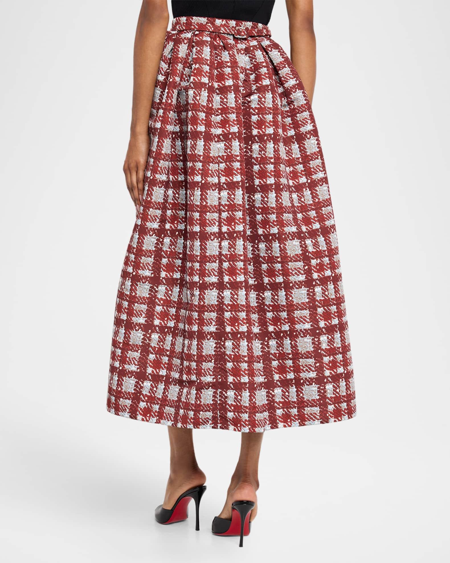 Textured Plaid-Print Pleated Midi Circle Skirt Product Image