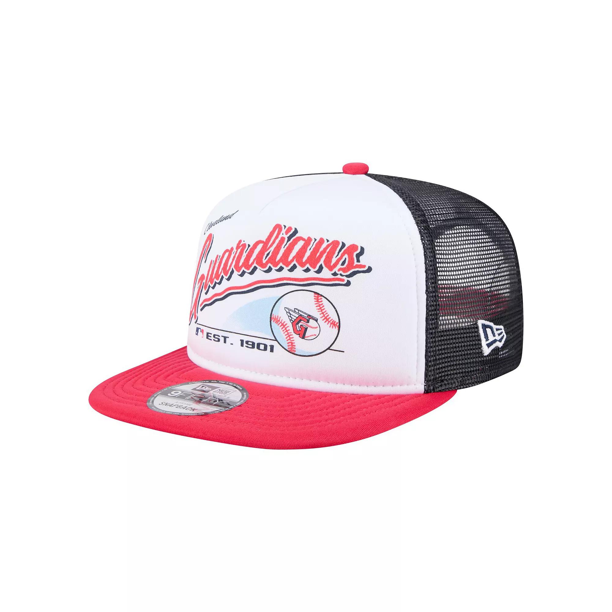 Men's New Era White/Red Cleveland Guardians Retro Script Trucker 9FIFTY Snapback Hat, Grd White Product Image