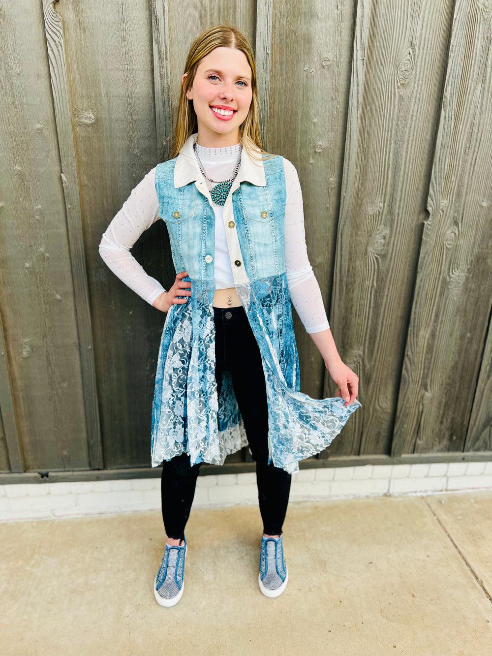 Denim Lace Layered Vest Cardigan* Product Image