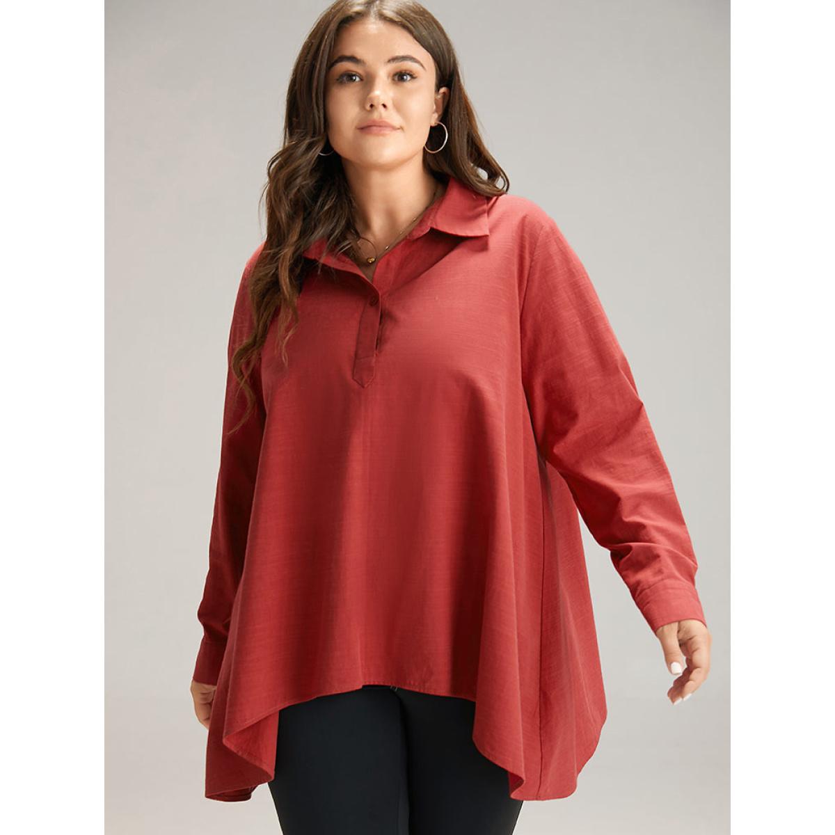 Plus Size Scarlet Cotton Curved Hem Button Down Blouse Women Office Long Sleeve Shirt collar Office Blouses BloomChic 10/M Product Image