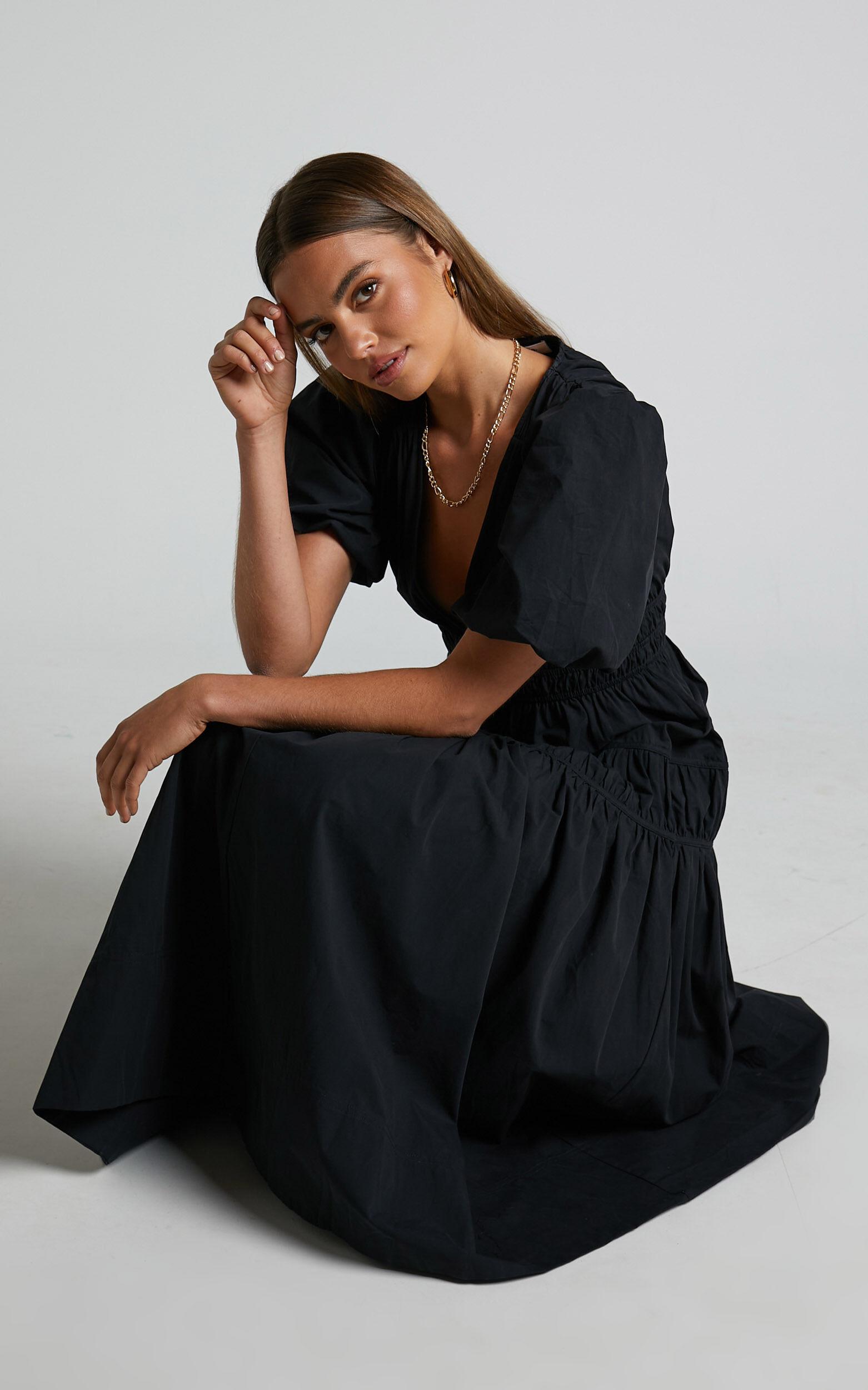 Mellie Midi Dress - Puff Sleeve Plunge Tiered Dress in Black Product Image