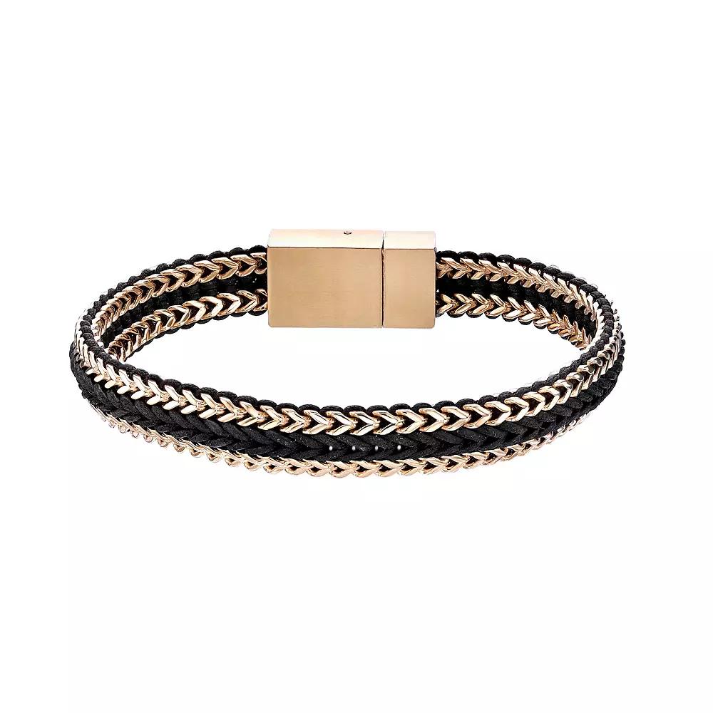 Men's LYNX Gold Ion-Plated Stainless Steel Black Cord Bracelet, Size: 8.5", Gold Tone Product Image