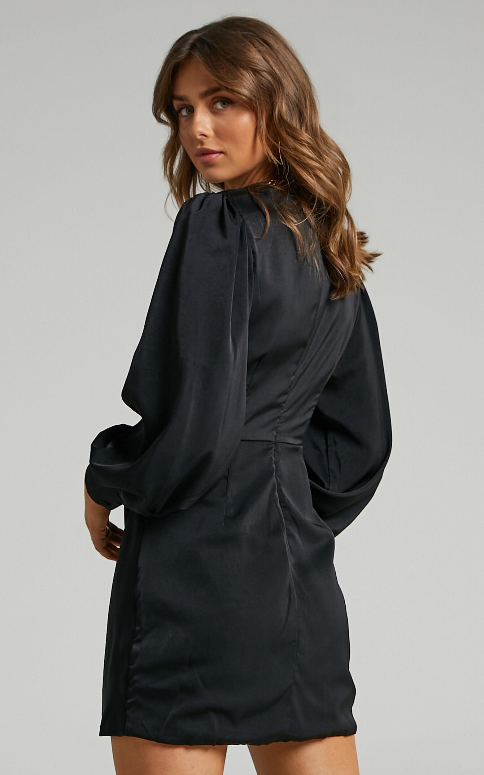 Billie Mini Dress - Twist Front Long Puff Sleeves Dress in Black Product Image