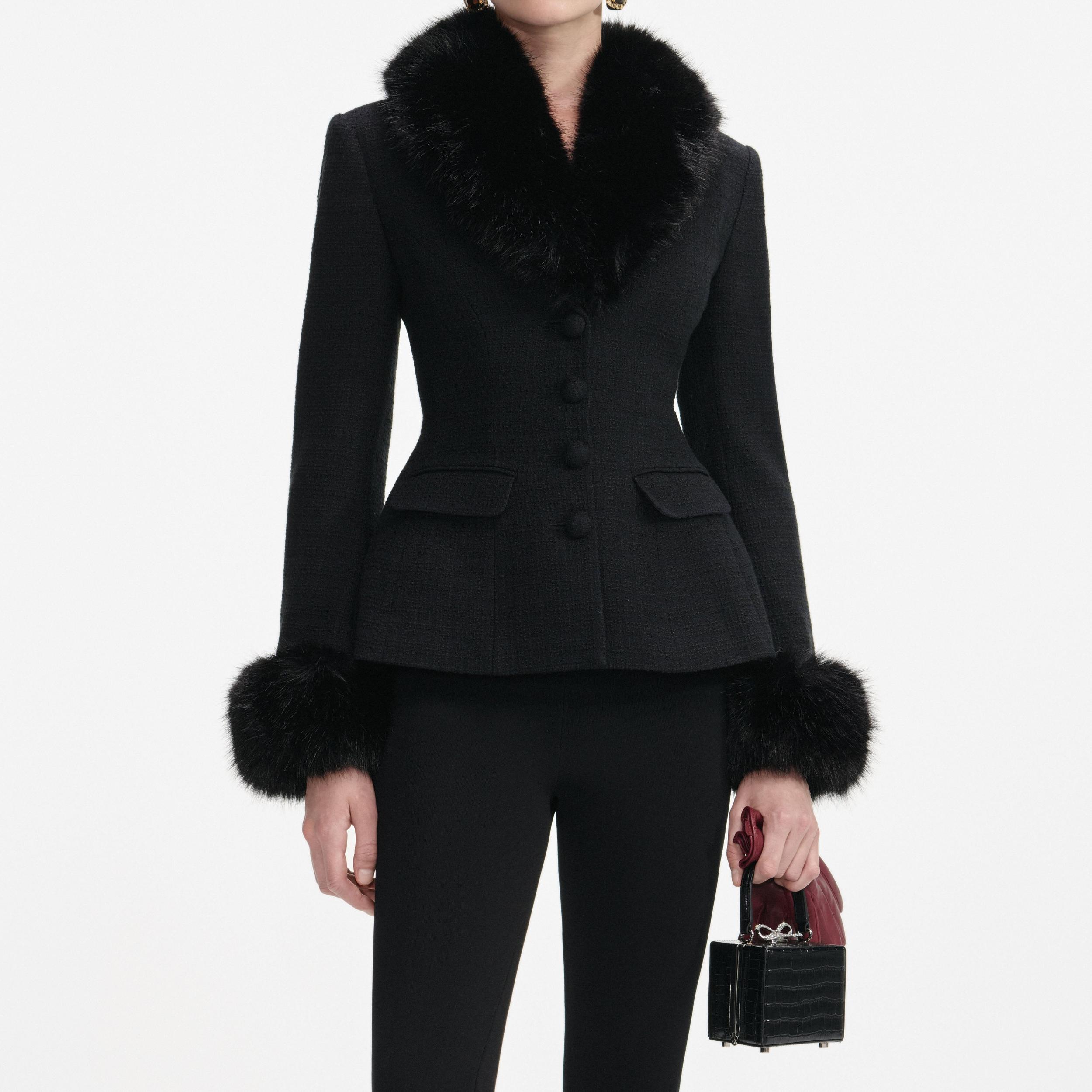 Black Tailored Boucle Fur Jacket Product Image