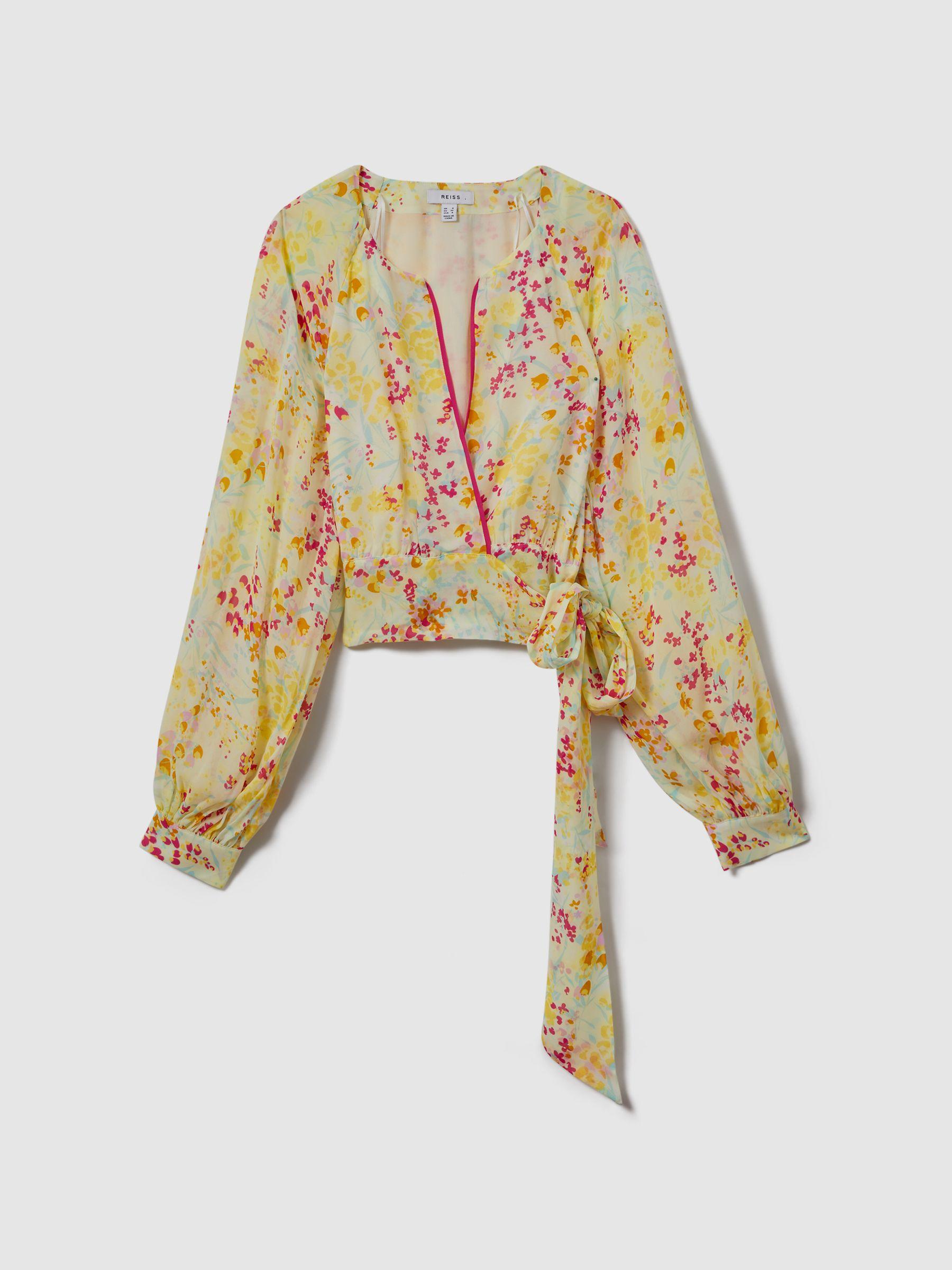 Floral Print Tie Waist Cropped Blouse in Pink/Yellow Product Image