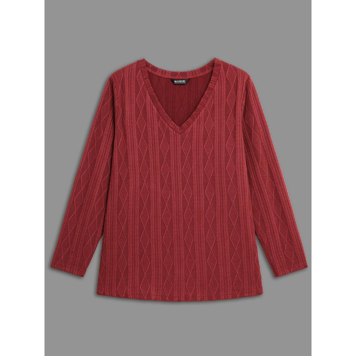 Plus Size V-neck Cable Knit Slim-Fit Tee Deepred Women Casual Texture V-neck Everyday T-shirts BloomChic 30/6X Product Image