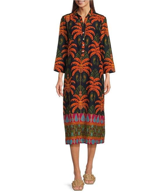 Jude Connally Kallan Cotton Voile Decorative Frond Navy Print Point Collar Shift Midi Dress Product Image