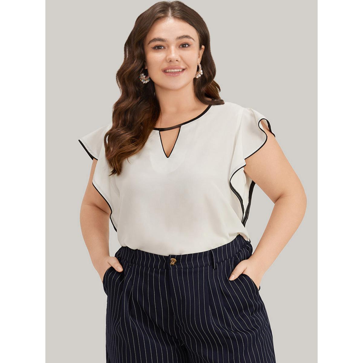 Plus Size Ivory Contrast Keyhole Ruffle Trim Cap Sleeve Blouse Women Office Cap Sleeve Keyhole Cut-Out Office Blouses BloomChic 12/L Product Image