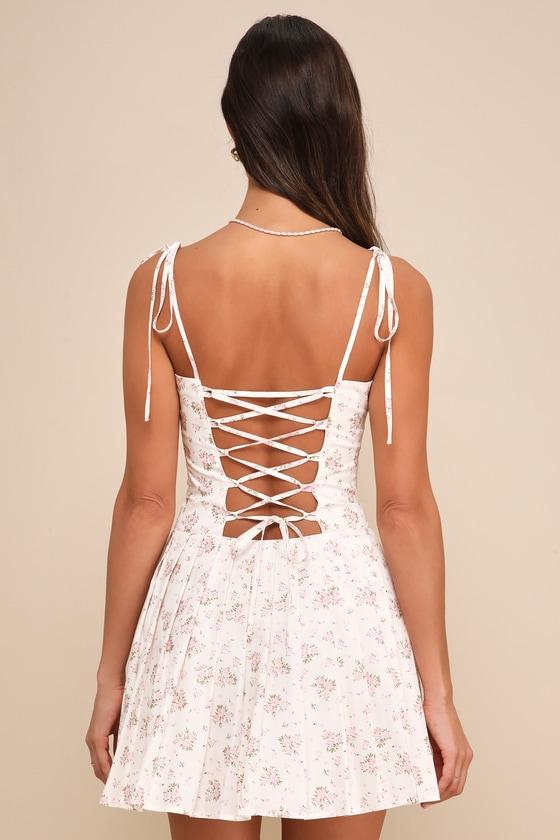Meadow Vibes Cream Floral Tie-Strap Lace-Up Pleated Mini Dress Product Image