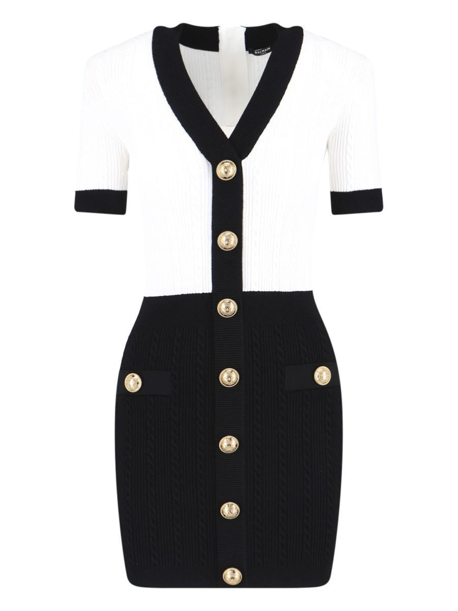 BALMAIN V-neck Buttoned Strong-shoulder Torsade Knit Mini Dress In White Product Image