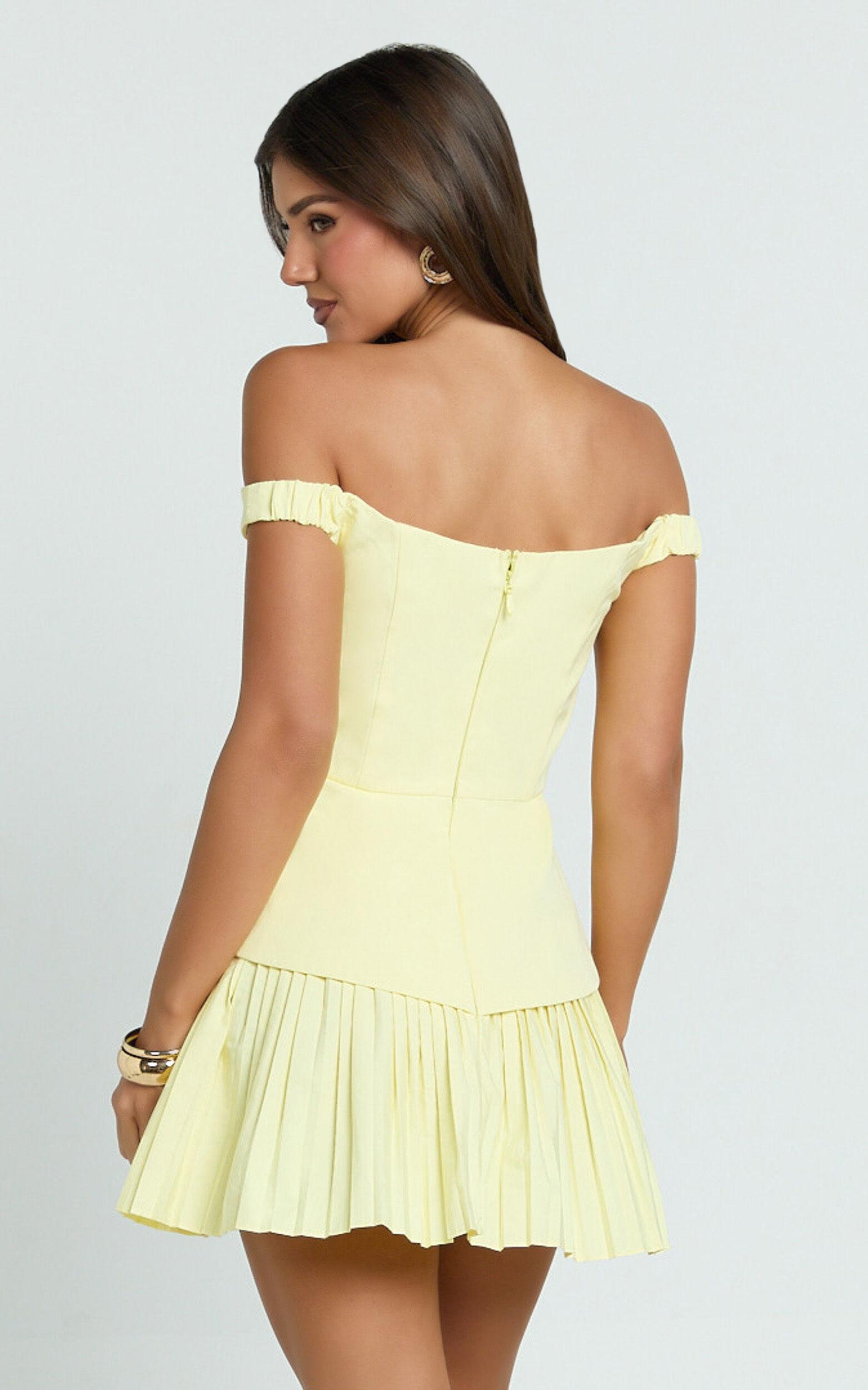 Izara Mini Dress - Off Shoulder Pleated Dress in Lemon Product Image