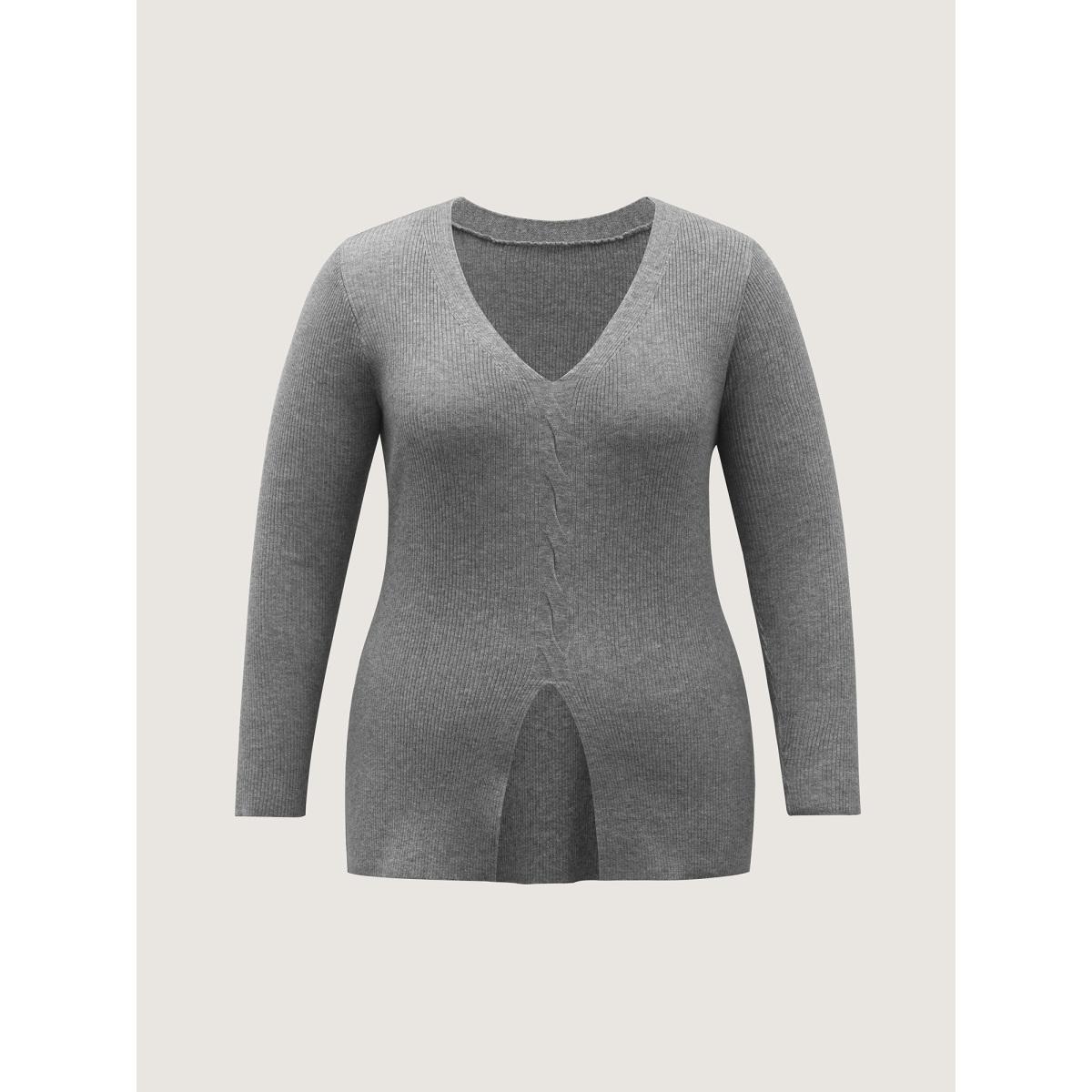 Plus Size Supersoft Stretchy Cable Knit Slit Front Fitted Pullover DarkGray Women Leisure Skinny Long Sleeve V-neck Casual Pullovers BloomChic 30/6X Product Image