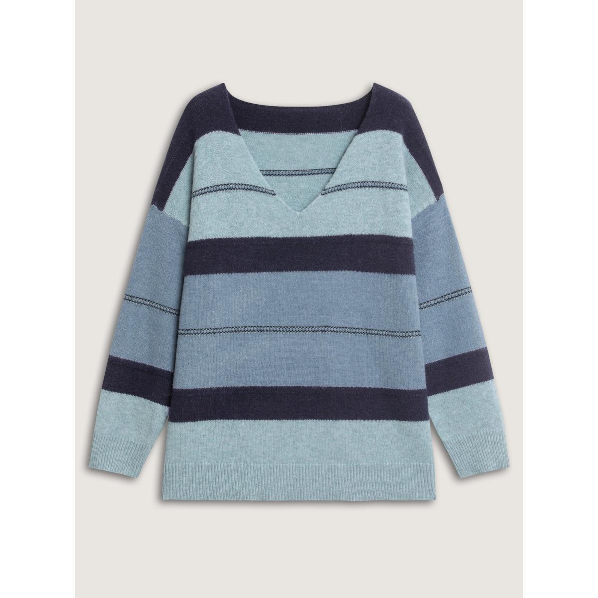 Plus Size Striped Print Color Contrast Pullover Stone Women Leisure Loose Long Sleeve V-neck Casual Pullovers BloomChic 26/4X Product Image