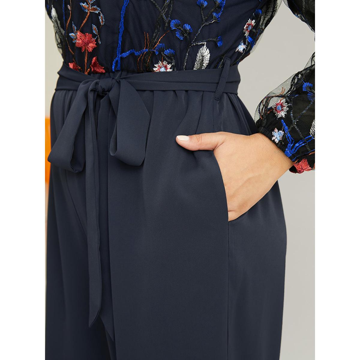 Plus Size Indigo Halloween Floral Embroidered Belted Lantern Sleeve Jumpsuit Women Glamour Long Sleeve Round Neck Festival-Halloween Loose Jumpsuits BloomChic 26/4X Product Image