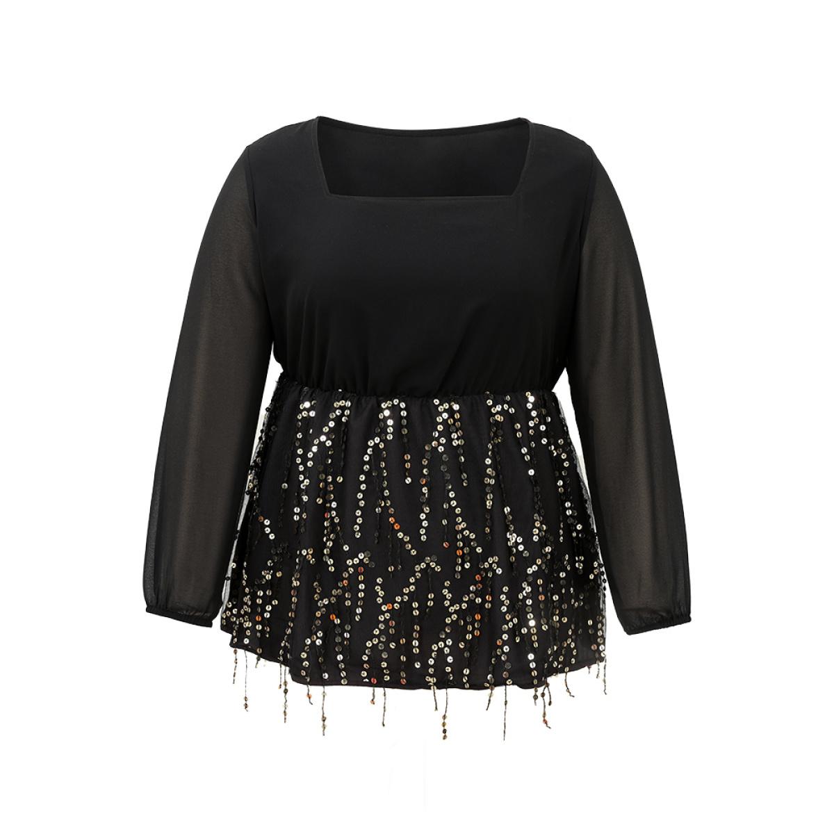 Plus Size Black Sequin Mesh Patchwork Square Neck Blouse Women Glamour Long Sleeve Square Neck Going out Blouses BloomChic 10/M Product Image