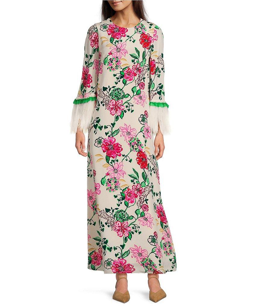 Lilly Pulitzer Nathalia Printed Silk Crew Neck 3/4 Sleeve Faux Feather Trim Maxi Dress Product Image