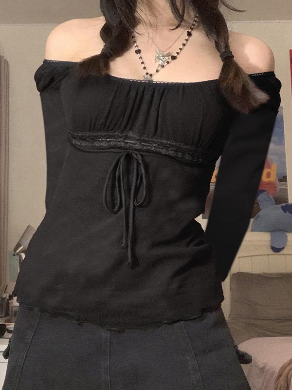 Lace Trim Tie Front Long Sleeve Blouse Product Image