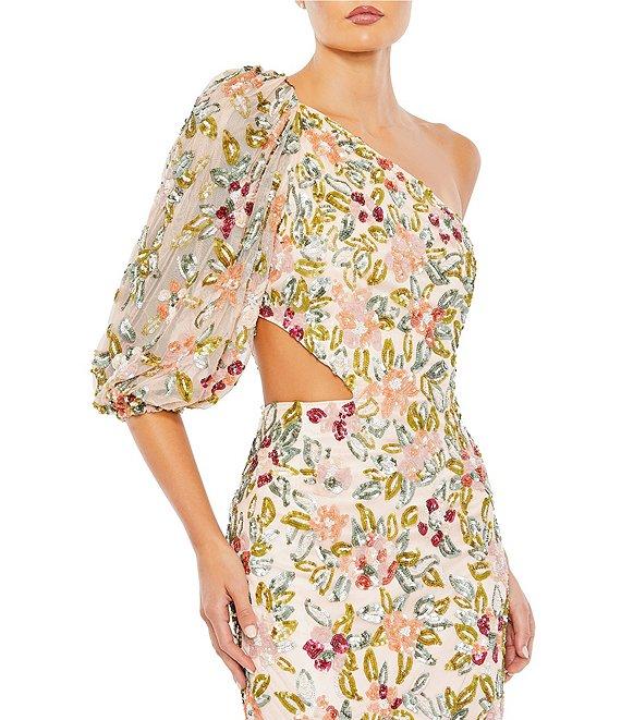 Mac Duggal One Sleeve Floral Cut Out Floral Embellished Column Gown Product Image