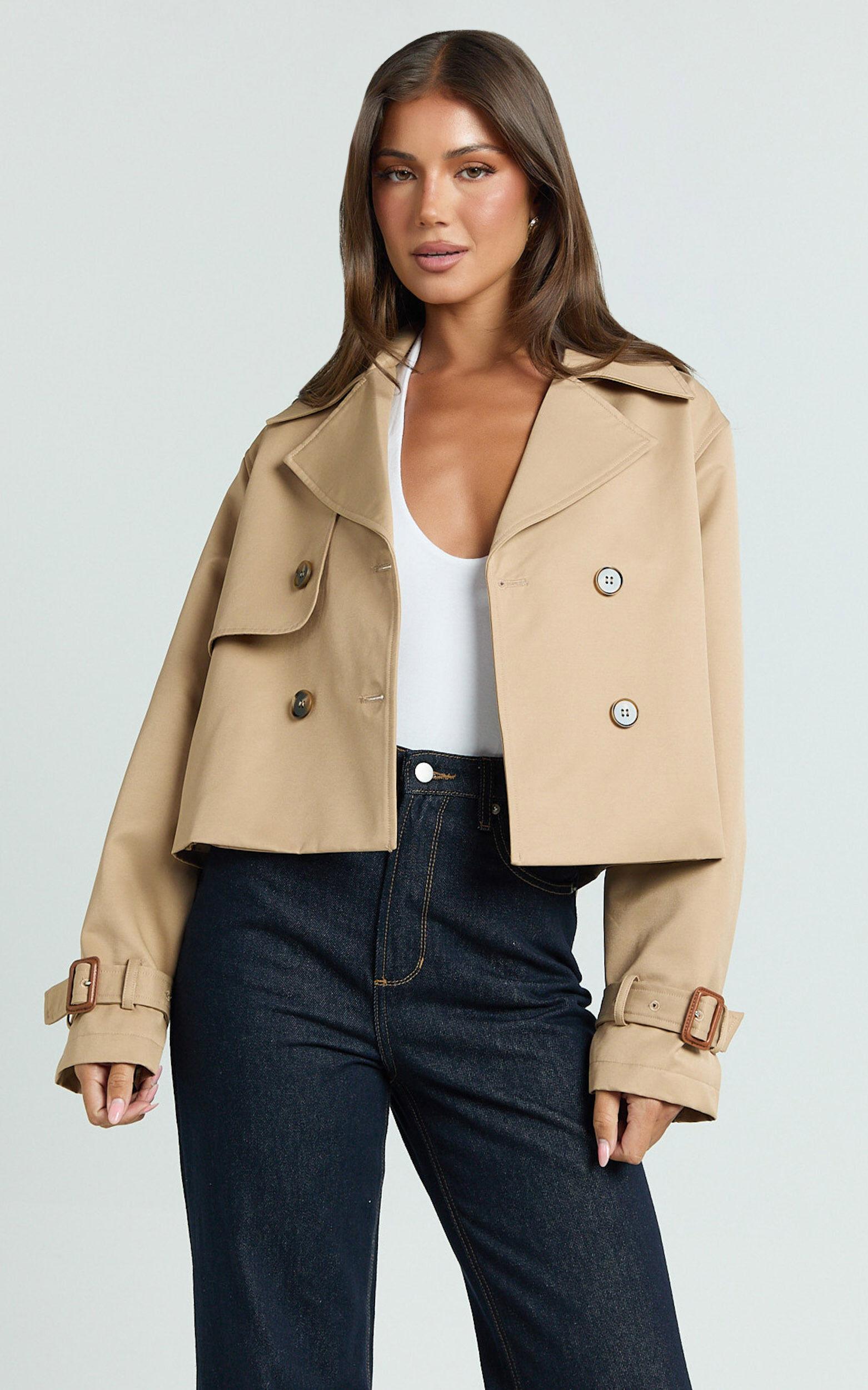 Rose Jacket - Cropped Double Breasted Trench Jacket in Beige Product Image
