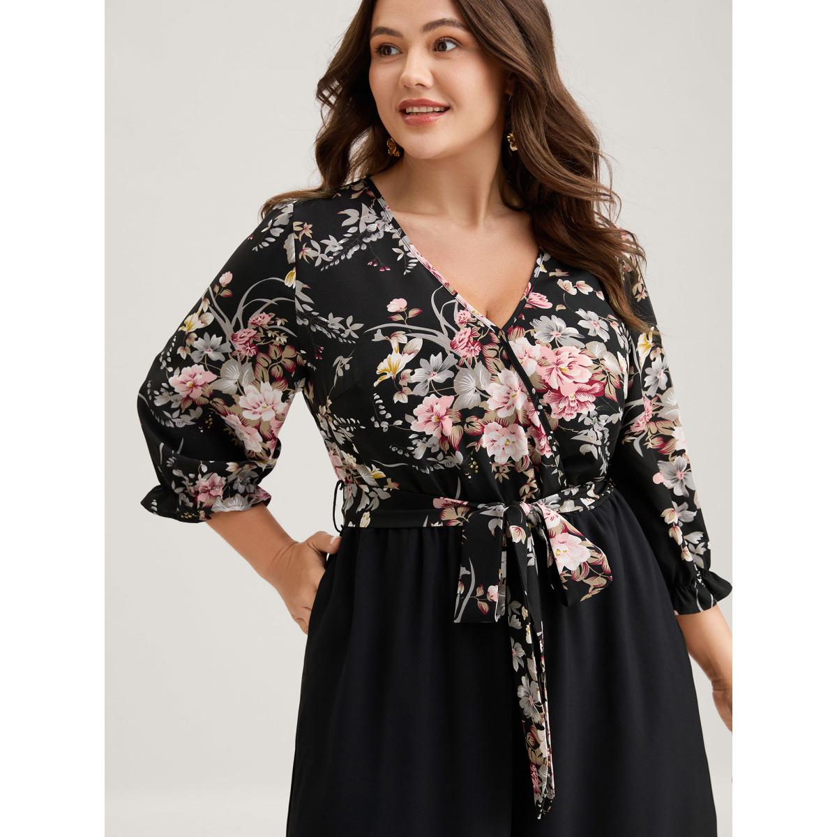 Plus Size Black Floral Contrast Belted Wide-Leg Jumpsuit Women Romantic Elbow-length sleeve Overlap Collar Elegant Loose Jumpsuits BloomChic 22-24/3X Product Image