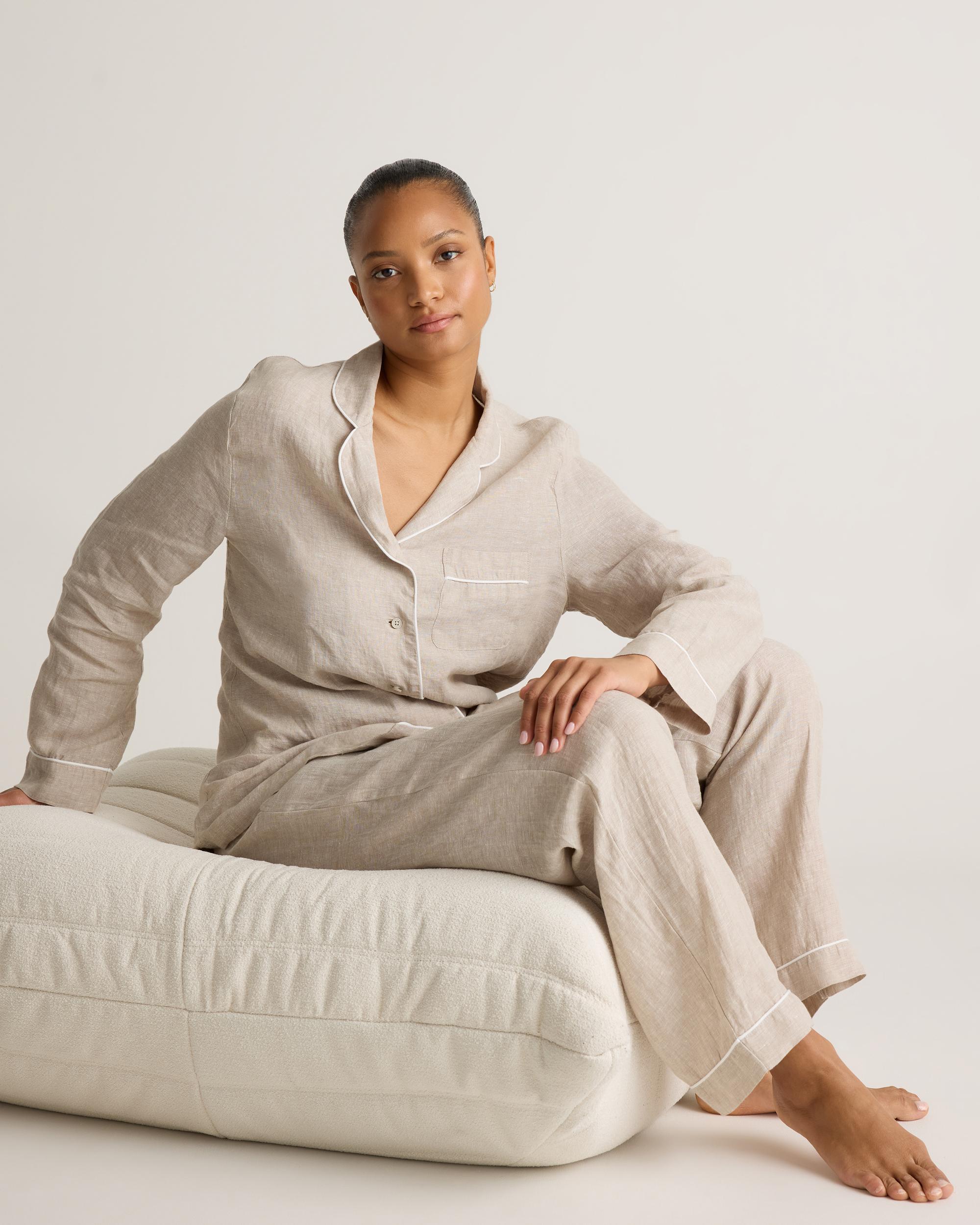 Quince | Women's 100% European Linen Long Sleeve Pajama Set with Piping Size XL Product Image