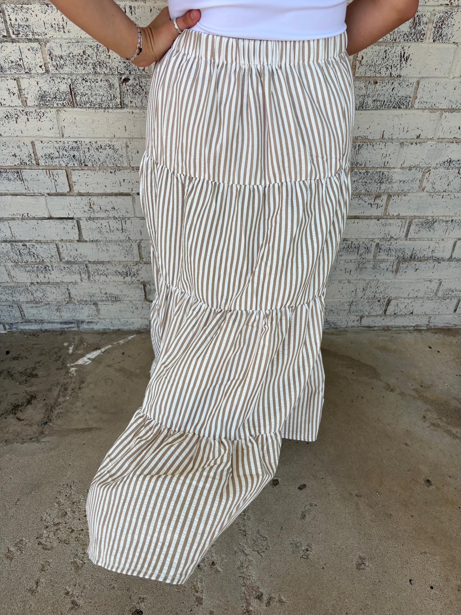 Bow Tie Tiered Taupe Stripe Maxi Skirt* Product Image