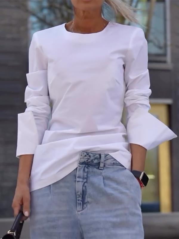 Long Sleeves Loose Solid Color Round-Neck T-Shirts Tops Product Image