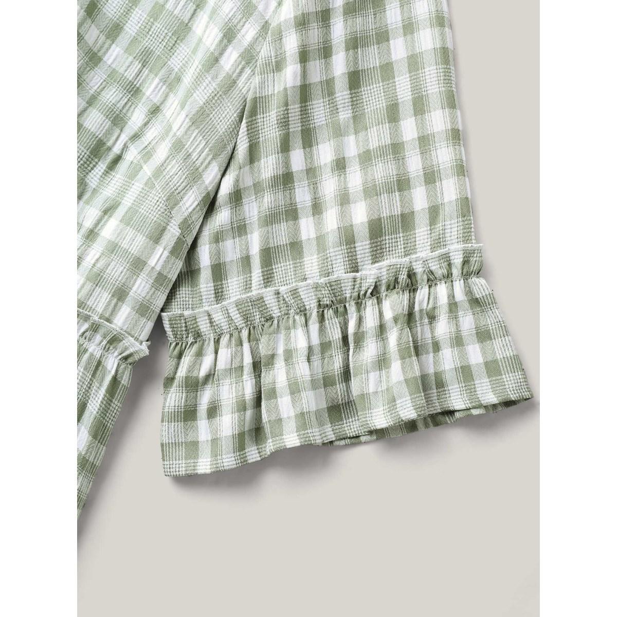 Plus Size Greenbean Plaid Pattern Ruffled Sleeve Babydoll Top Women Half Sleeve Square Neck Everyday-Elegant Blouses BloomChic 14-16/1X Product Image